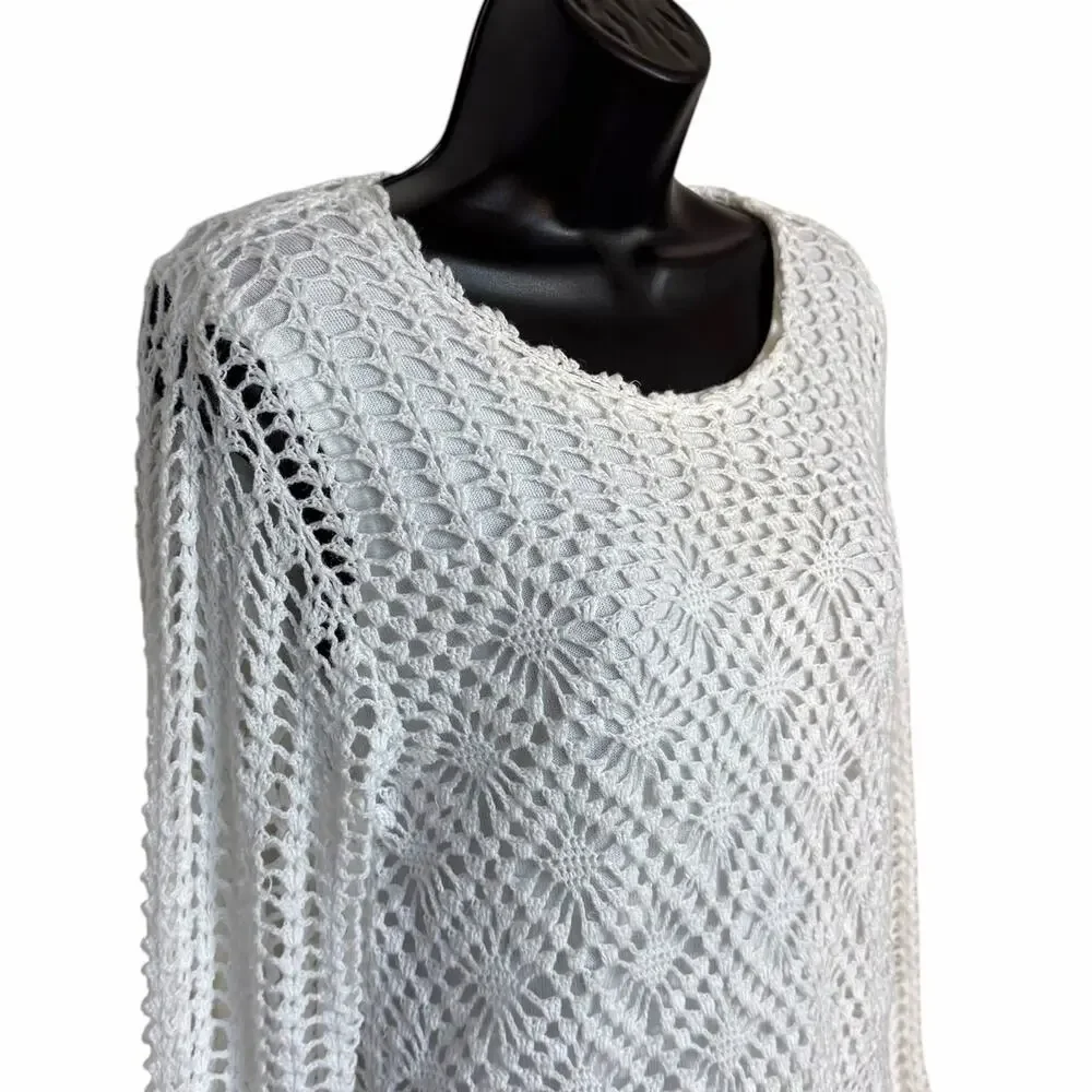 VTG Y2K Croft & Barrow Open Knit Crochet Sweater S White Boho Coastal Grandma